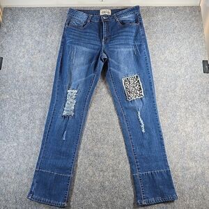 L&B Women's Size 14 Distressed Jeans Med Wash Blue Patches Stretch Denim Lucky